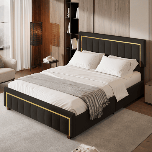 Cama de arrumação 140x200cm, cama de casal com estrado de ripas e cabeceira e peseira com orla banhada a ouro, madeira e flanela, preto Cama de arrumação 140x200cm, cama de casal com estrado de ripas e cabeceira e peseira com orla banhada a ouro, madeira e flanela, preto