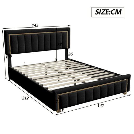 Cama de arrumação 140x200cm, cama de casal com estrado de ripas e cabeceira e peseira com orla banhada a ouro, madeira e flanela, preto Cama de arrumação 140x200cm, cama de casal com estrado de ripas e cabeceira e peseira com orla banhada a ouro, madeira e flanela, preto