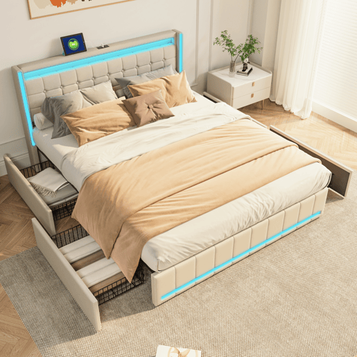 Cama 180x200 cm com gavetas - linho bege - LED regulável - portas USB & Type-C - 4 grandes gavetas de arrumação Cama 180x200 cm com gavetas - linho bege - LED regulável - portas USB & Type-C - 4 grandes gavetas de arrumação