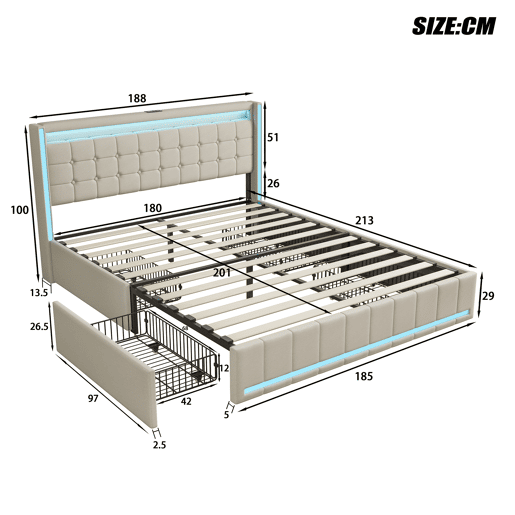 Cama 180x200 cm com gavetas - linho bege - LED regulável - portas USB & Type-C - 4 grandes gavetas de arrumação Cama 180x200 cm com gavetas - linho bege - LED regulável - portas USB & Type-C - 4 grandes gavetas de arrumação