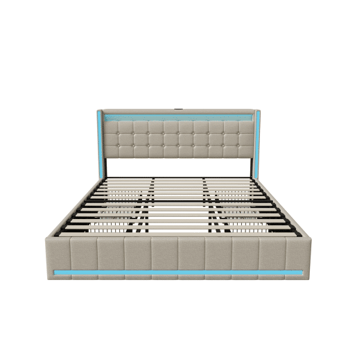 Cama 180x200 cm com gavetas - linho bege - LED regulável - portas USB & Type-C - 4 grandes gavetas de arrumação Cama 180x200 cm com gavetas - linho bege - LED regulável - portas USB & Type-C - 4 grandes gavetas de arrumação