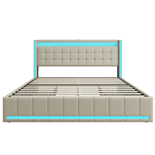 Cama 140x190 cm com gavetas - linho bege - LED regulável - portas USB & Type-C - 4 grandes gavetas de arrumação Cama 140x190 cm com gavetas - linho bege - LED regulável - portas USB & Type-C - 4 grandes gavetas de arrumação