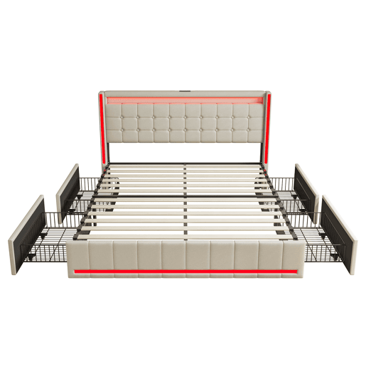 Cama 140x190 cm com gavetas - linho bege - LED regulável - portas USB & Type-C - 4 grandes gavetas de arrumação Cama 140x190 cm com gavetas - linho bege - LED regulável - portas USB & Type-C - 4 grandes gavetas de arrumação