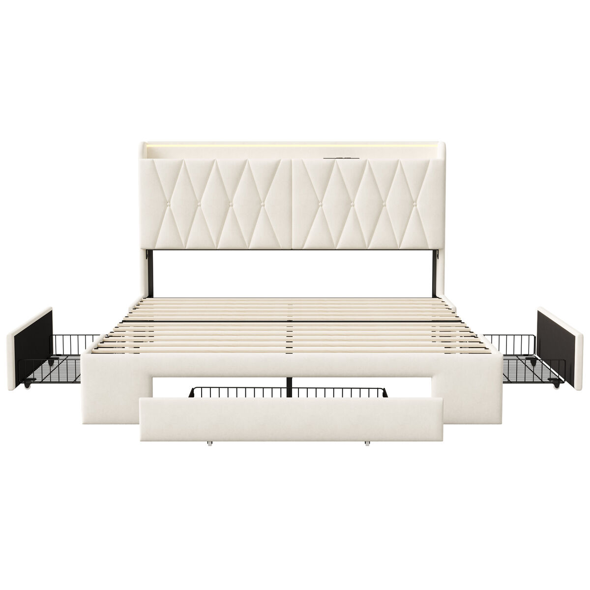 Cama de 160x200 cm con iluminación led, puerto usb/tipo-c y 3 cajones – cabecero y somier de láminas, terciopelo beige