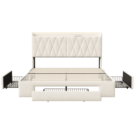 Cama 160x200 cm - LED - USBType-C - 3 gavetas - cabeceira e estrado - veludo bege
