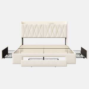 Cama 160x200 cm - LED - USBType-C - 3 gavetas - cabeceira e estrado - veludo bege