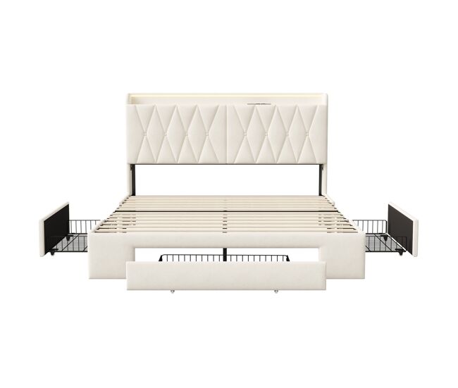 Cama de 160x200 cm con iluminación led, puerto usb/tipo-c y 3 cajones – cabecero y somier de láminas, terciopelo beige