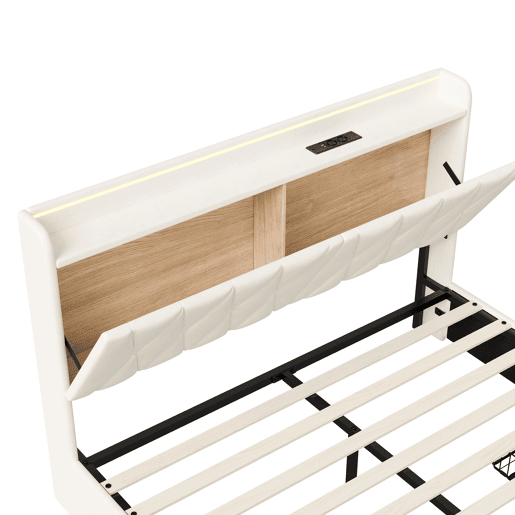 Cama 160x200 cm - LED - USBType-C - 3 gavetas - cabeceira e estrado - veludo bege