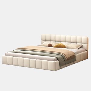 Cama de casal tamanho adulto 160x200cm, em linho com encosto macio, cama plana com estrutura acolchoada, estrado de ripas, cabeceira, bege (Pré-encomenda)
