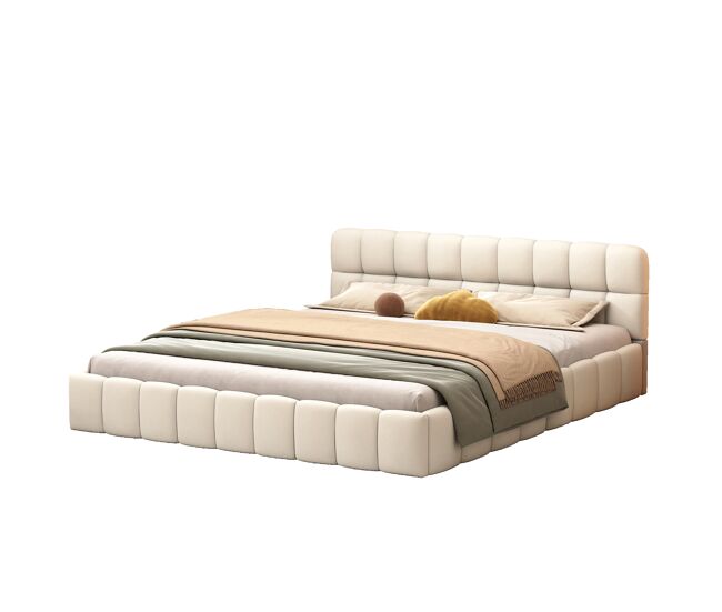 Cama de adulto 160x200cm, cama doble en lino con respaldo suave, cama plana con estructura acolchada, base de láminas, cabecero, beige (Reserva anticipada)