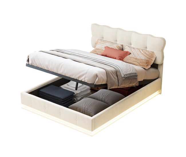 Cama con almacenamiento de 140x190 cm con iluminación LED, somier de láminas y tapicería de terciopelo beige.