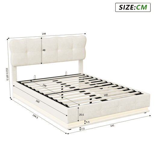 Cama com baú 140x190 cm - LED - estrado de ripas - capitonê - veludo bege Cama com baú 140x190 cm - LED - estrado de ripas - capitonê - veludo bege