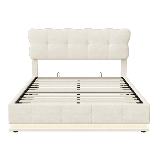 Cama com baú 140x190 cm - LED - estrado de ripas - capitonê - veludo bege Cama com baú 140x190 cm - LED - estrado de ripas - capitonê - veludo bege