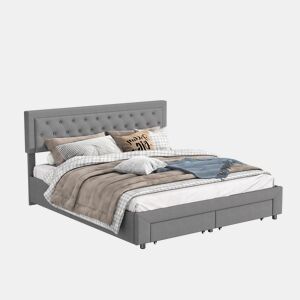 Cama com baú 180x200 cm - 2 gavetas - veludo cinza - estrado de ripas em madeira maciça - estilo escandinavo - cama dupla adulta