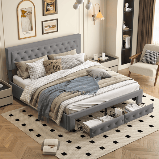 Cama com baú 180x200 cm - 2 gavetas - veludo cinza - estrado de ripas em madeira maciça - estilo escandinavo - cama dupla adulta