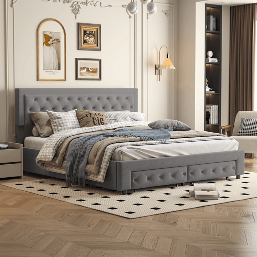 Cama com baú 180x200 cm - 2 gavetas - veludo cinza - estrado de ripas em madeira maciça - estilo escandinavo - cama dupla adulta