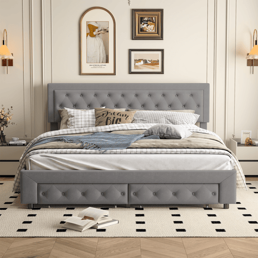 Cama com baú 180x200 cm - 2 gavetas - veludo cinza - estrado de ripas em madeira maciça - estilo escandinavo - cama dupla adulta