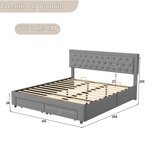 Cama com baú 180x200 cm - 2 gavetas - veludo cinza - estrado de ripas em madeira maciça - estilo escandinavo - cama dupla adulta