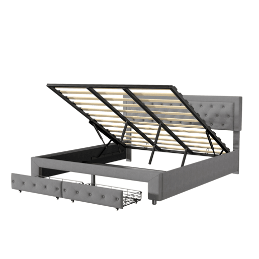 Cama com baú 180x200 cm - 2 gavetas - veludo cinza - estrado de ripas em madeira maciça - estilo escandinavo - cama dupla adulta