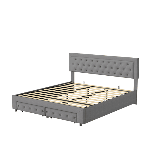 Cama com baú 180x200 cm - 2 gavetas - veludo cinza - estrado de ripas em madeira maciça - estilo escandinavo - cama dupla adulta