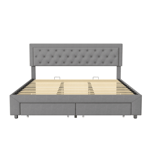 Cama com baú 180x200 cm - 2 gavetas - veludo cinza - estrado de ripas em madeira maciça - estilo escandinavo - cama dupla adulta