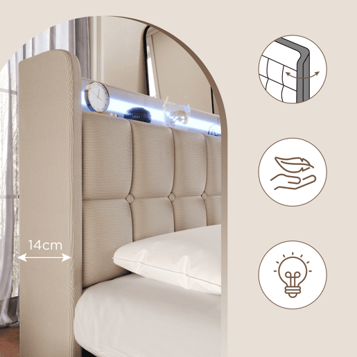 Cama adulta escandinava 180x200 cm - 4 gavetas - portas USB e Type-C - estrado de ripas - iluminação LED integrada - bege Cama adulta escandinava 180x200 cm - 4 gavetas - portas USB e Type-C - estrado de ripas - iluminação LED integrada - bege