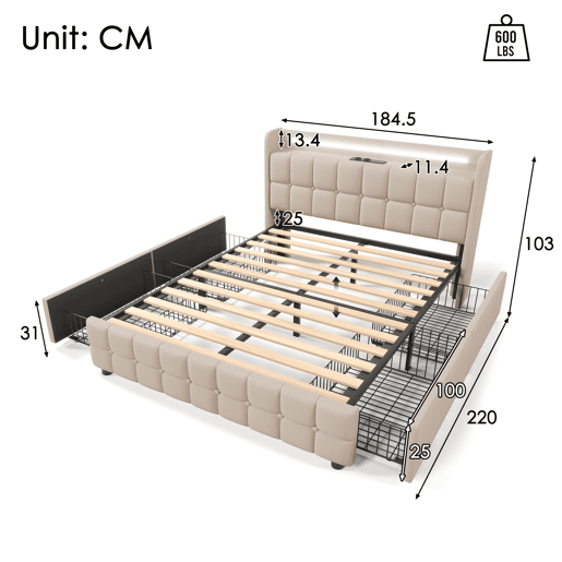 Cama adulta escandinava 180x200 cm - 4 gavetas - portas USB e Type-C - estrado de ripas - iluminação LED integrada - bege Cama adulta escandinava 180x200 cm - 4 gavetas - portas USB e Type-C - estrado de ripas - iluminação LED integrada - bege