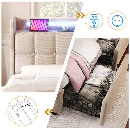 Cama adulta escandinava 180x200 cm - 4 gavetas - portas USB e Type-C - estrado de ripas - iluminação LED integrada - bege Cama adulta escandinava 180x200 cm - 4 gavetas - portas USB e Type-C - estrado de ripas - iluminação LED integrada - bege