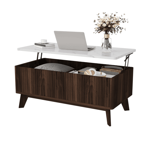 Mesa de centro elevável estilo nórdico, tampo imitação mármore, arrumação oculta, acabamento nogueira Mesa de centro elevável estilo nórdico, tampo imitação mármore, arrumação oculta, acabamento nogueira