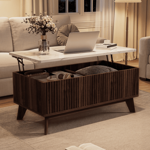Mesa de centro elevável estilo nórdico, tampo imitação mármore, arrumação oculta, acabamento nogueira Mesa de centro elevável estilo nórdico, tampo imitação mármore, arrumação oculta, acabamento nogueira