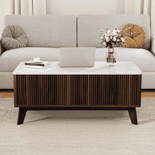 Mesa de centro elevável estilo nórdico, tampo imitação mármore, arrumação oculta, acabamento nogueira Mesa de centro elevável estilo nórdico, tampo imitação mármore, arrumação oculta, acabamento nogueira