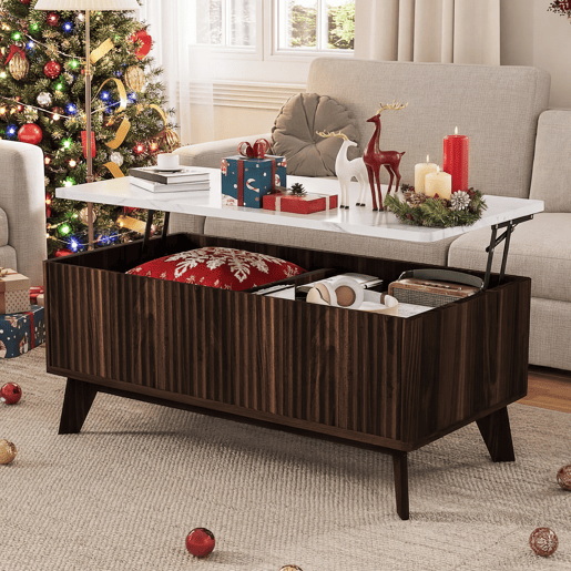 Mesa de centro elevável estilo nórdico, tampo imitação mármore, arrumação oculta, acabamento nogueira Mesa de centro elevável estilo nórdico, tampo imitação mármore, arrumação oculta, acabamento nogueira