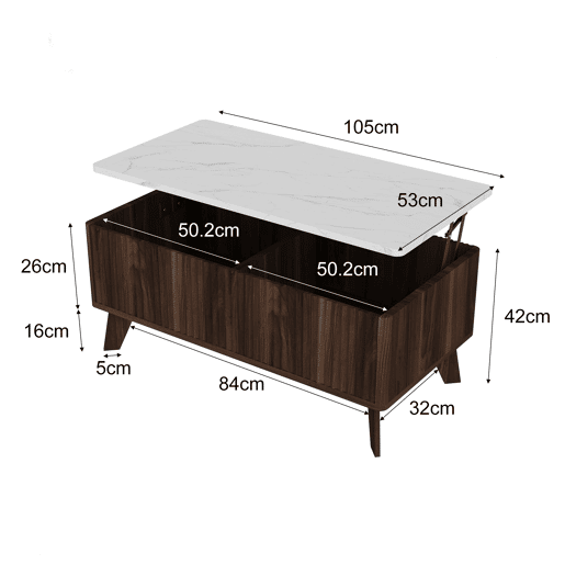 Mesa de centro elevável estilo nórdico, tampo imitação mármore, arrumação oculta, acabamento nogueira Mesa de centro elevável estilo nórdico, tampo imitação mármore, arrumação oculta, acabamento nogueira