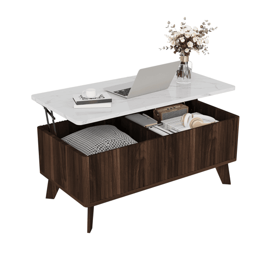 Mesa de centro elevável estilo nórdico, tampo imitação mármore, arrumação oculta, acabamento nogueira Mesa de centro elevável estilo nórdico, tampo imitação mármore, arrumação oculta, acabamento nogueira