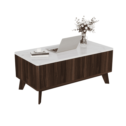 Mesa de centro elevável estilo nórdico, tampo imitação mármore, arrumação oculta, acabamento nogueira Mesa de centro elevável estilo nórdico, tampo imitação mármore, arrumação oculta, acabamento nogueira