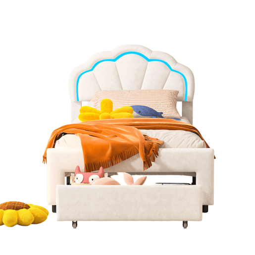Cama de solteiro estofada 140x200 cm com gavetas, veludo, faixa de luz LED - Branca Cama de solteiro estofada 140x200 cm com gavetas, veludo, faixa de luz LED - Branca