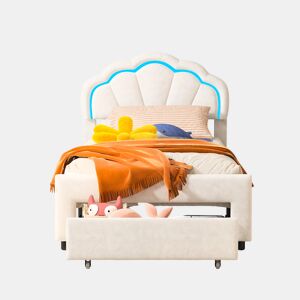 Cama de solteiro estofada 140x200 cm com gavetas, veludo, faixa de luz LED - Branca