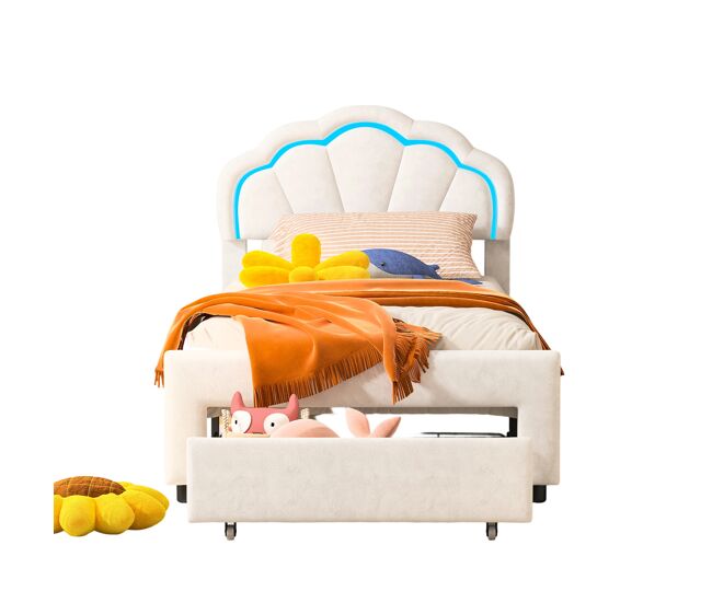 Cama individual tapizada de 140x200 cm con cajones, terciopelo, tira de luz led - blanca