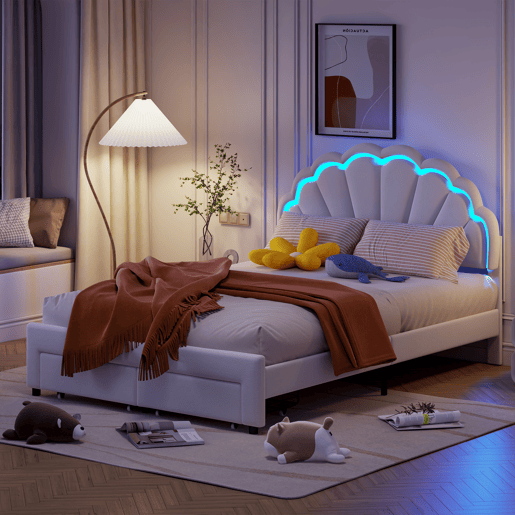 Cama de solteiro estofada 140x200 cm com gavetas, veludo, faixa de luz LED - Branca Cama de solteiro estofada 140x200 cm com gavetas, veludo, faixa de luz LED - Branca