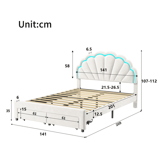 Cama de solteiro estofada 140x200 cm com gavetas, veludo, faixa de luz LED - Branca Cama de solteiro estofada 140x200 cm com gavetas, veludo, faixa de luz LED - Branca