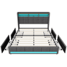 Cama estofada em linho cinza com 160x200cm, com entrada USB, estrutura de ripas, 4 gavetas, iluminação LED, adequada como cama de casal ou jovem