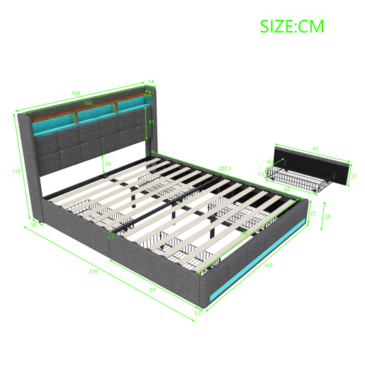 Cama estofada em linho cinza com 160x200cm, com entrada USB, estrutura de ripas, 4 gavetas, iluminação LED, adequada como cama de casal ou jovem Cama estofada em linho cinza com 160x200cm, com entrada USB, estrutura de ripas, 4 gavetas, iluminação LED, adequada como cama de casal ou jovem