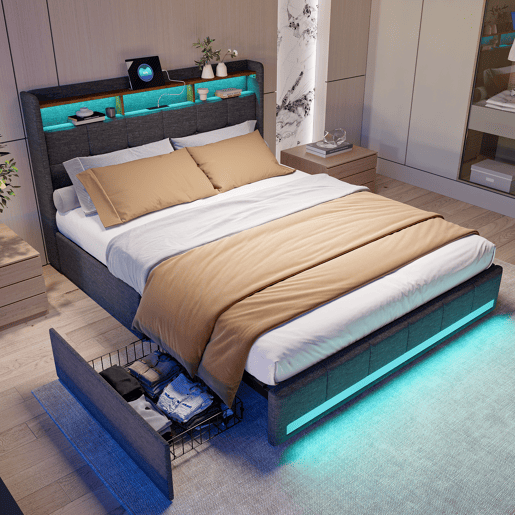 Cama estofada em linho cinza com 160x200cm, com entrada USB, estrutura de ripas, 4 gavetas, iluminação LED, adequada como cama de casal ou jovem Cama estofada em linho cinza com 160x200cm, com entrada USB, estrutura de ripas, 4 gavetas, iluminação LED, adequada como cama de casal ou jovem