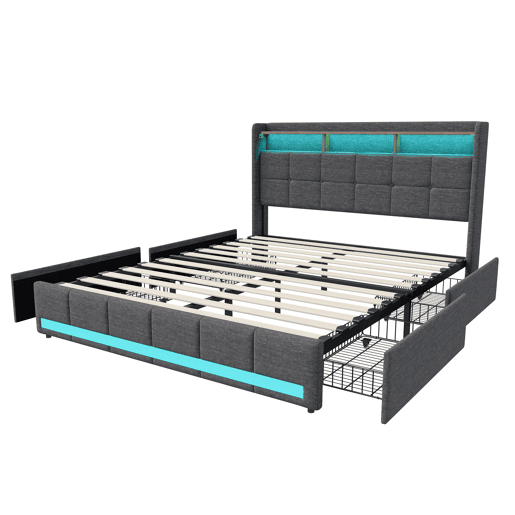 Cama estofada em linho cinza com 160x200cm, com entrada USB, estrutura de ripas, 4 gavetas, iluminação LED, adequada como cama de casal ou jovem Cama estofada em linho cinza com 160x200cm, com entrada USB, estrutura de ripas, 4 gavetas, iluminação LED, adequada como cama de casal ou jovem