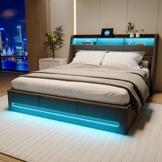 Cama com arrumação, iluminação LED e tomada elétrica integrada em tecido cinzento u2013 160x200 cm u2013 Estrutura com elevadores hidráulicos, cabeceira e peseira iluminadas, amplo espaço de arrumação. Cama com arrumação, iluminação LED e tomada elétrica integrada em tecido cinzento u2013 160x200 cm u2013 Estrutura com elevadores hidráulicos, cabeceira e peseira iluminadas, amplo espaço de arrumação.