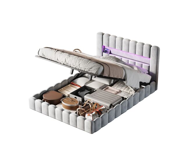 Cama de diseño con almacenaje, tapizada en tela gris claro, estilo tronco de árbol, con elevadores hidráulicos, cabecero con iluminación led rgb y