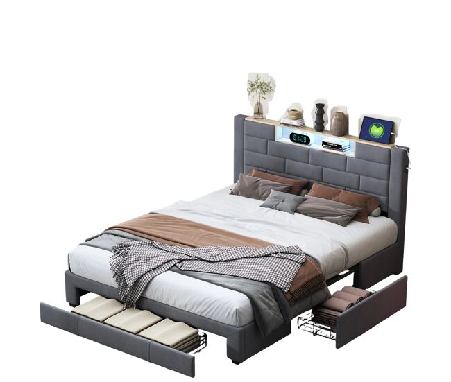 Cama doble de 160x200 cm - somier de láminas y cabecero con LED y puerto USB/C - Gris