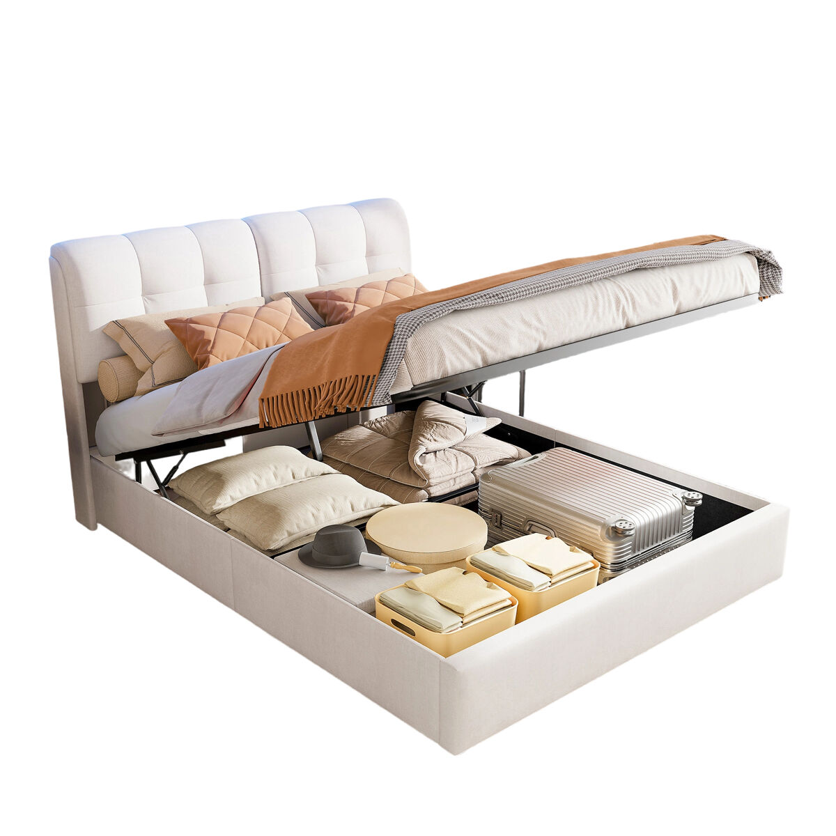 Cama de 160x200 cm con iluminación led, somier de láminas y compartimento de almacenamiento – terciopelo beige, cama doble