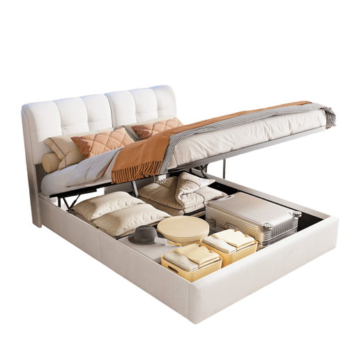 Cama 160x200 cm - LED - estrado e baú - veludo Bege - cama dupla