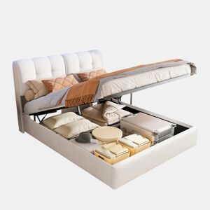 Cama 160x200 cm - LED - estrado e baú - veludo Bege - cama dupla